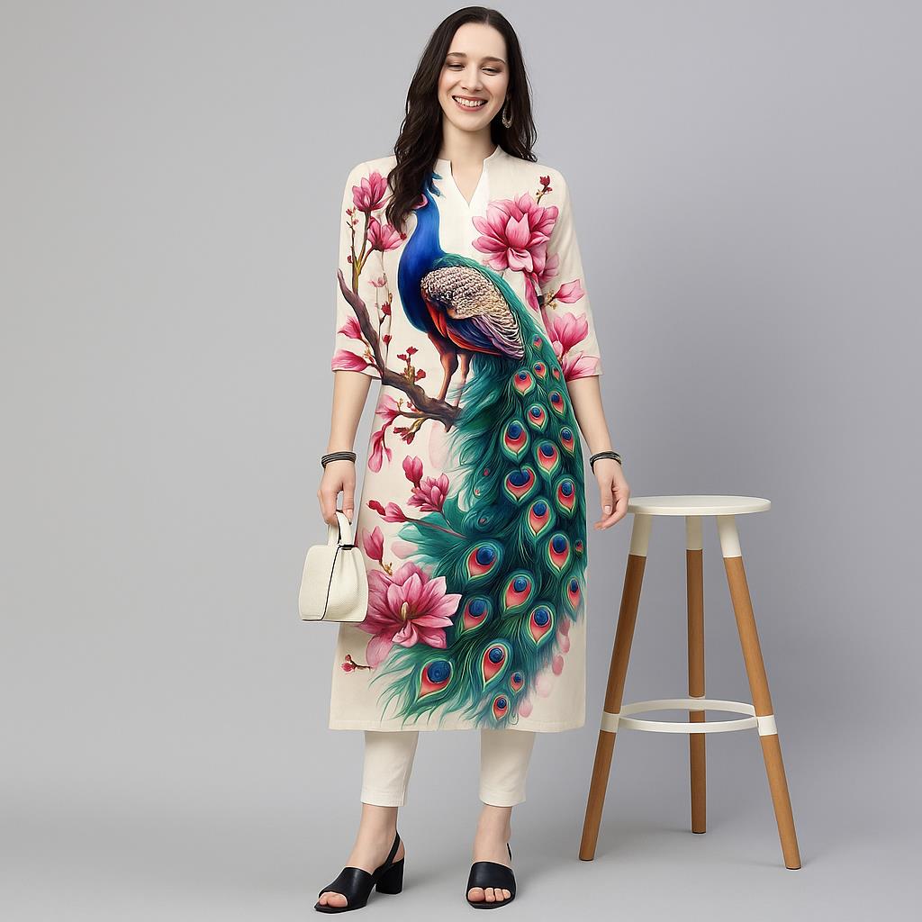 Ethnic Fashion Kurtis - Женское повседневное модное платье с павлином